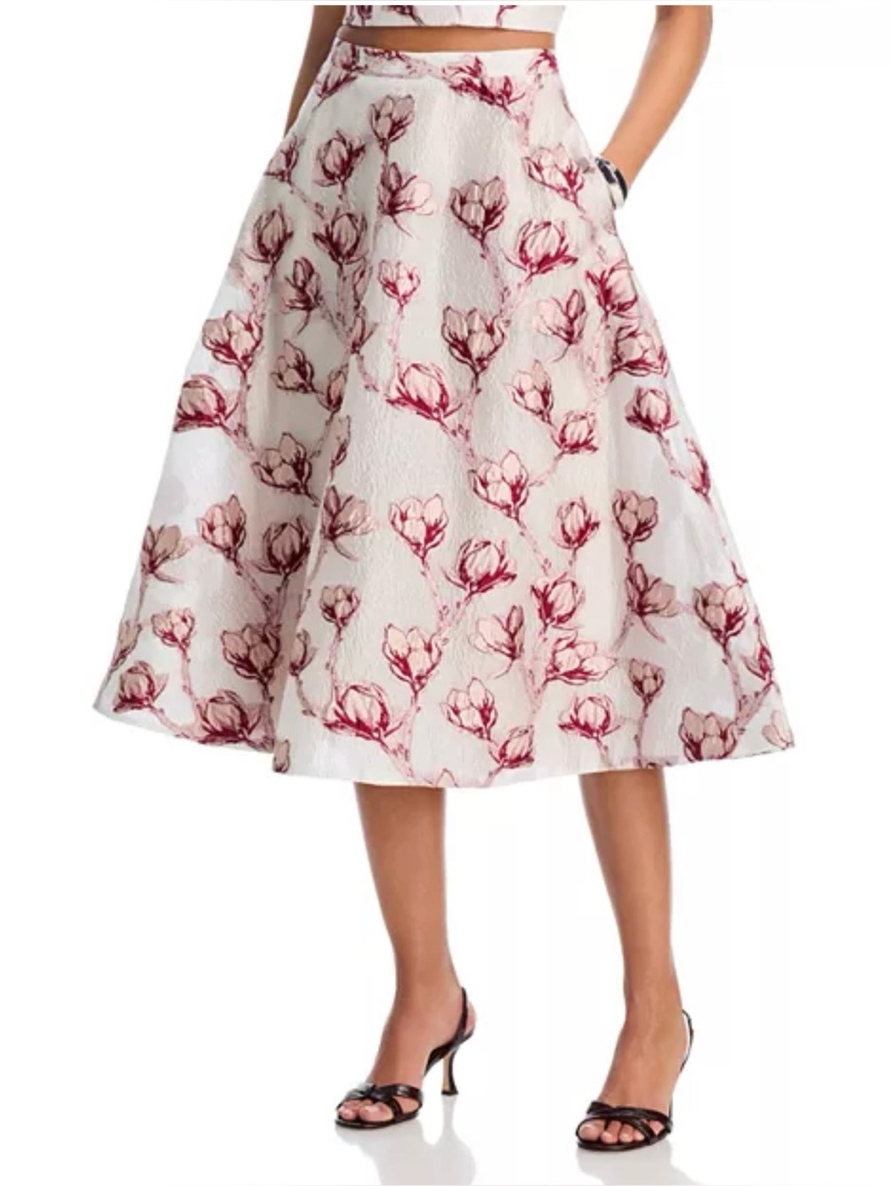 Milly White Midi Skirt with Red Floral Print